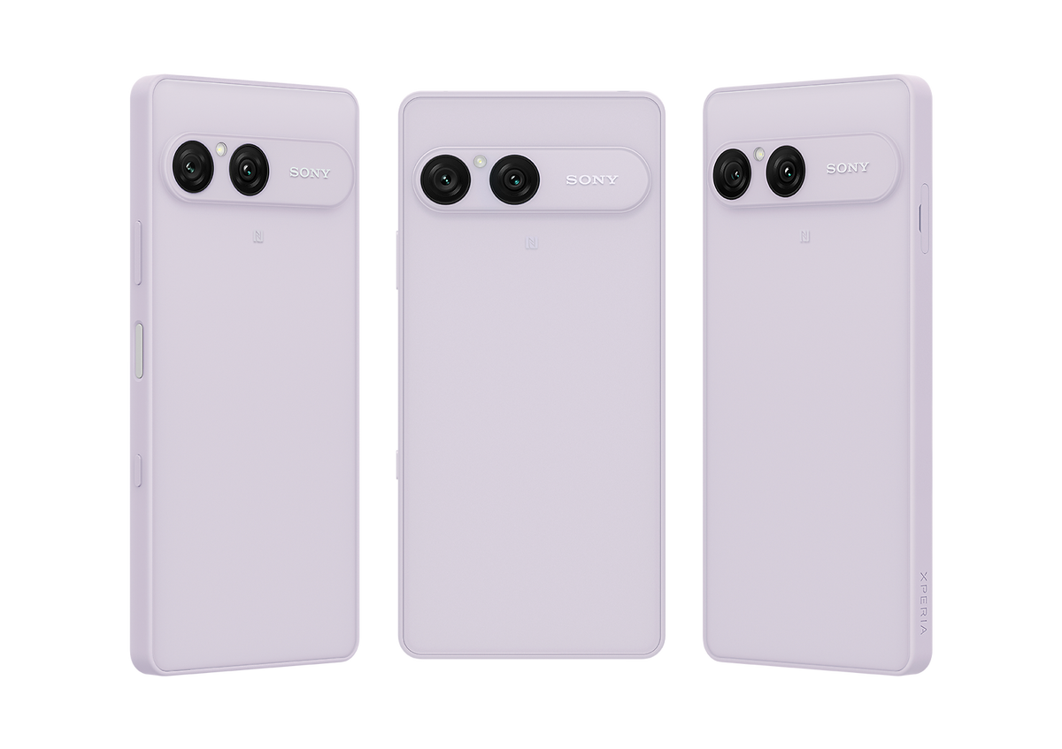 Sony Misty Lilac Xperia 10 VIII smartphone, three-quarter back views showing dual-camera module