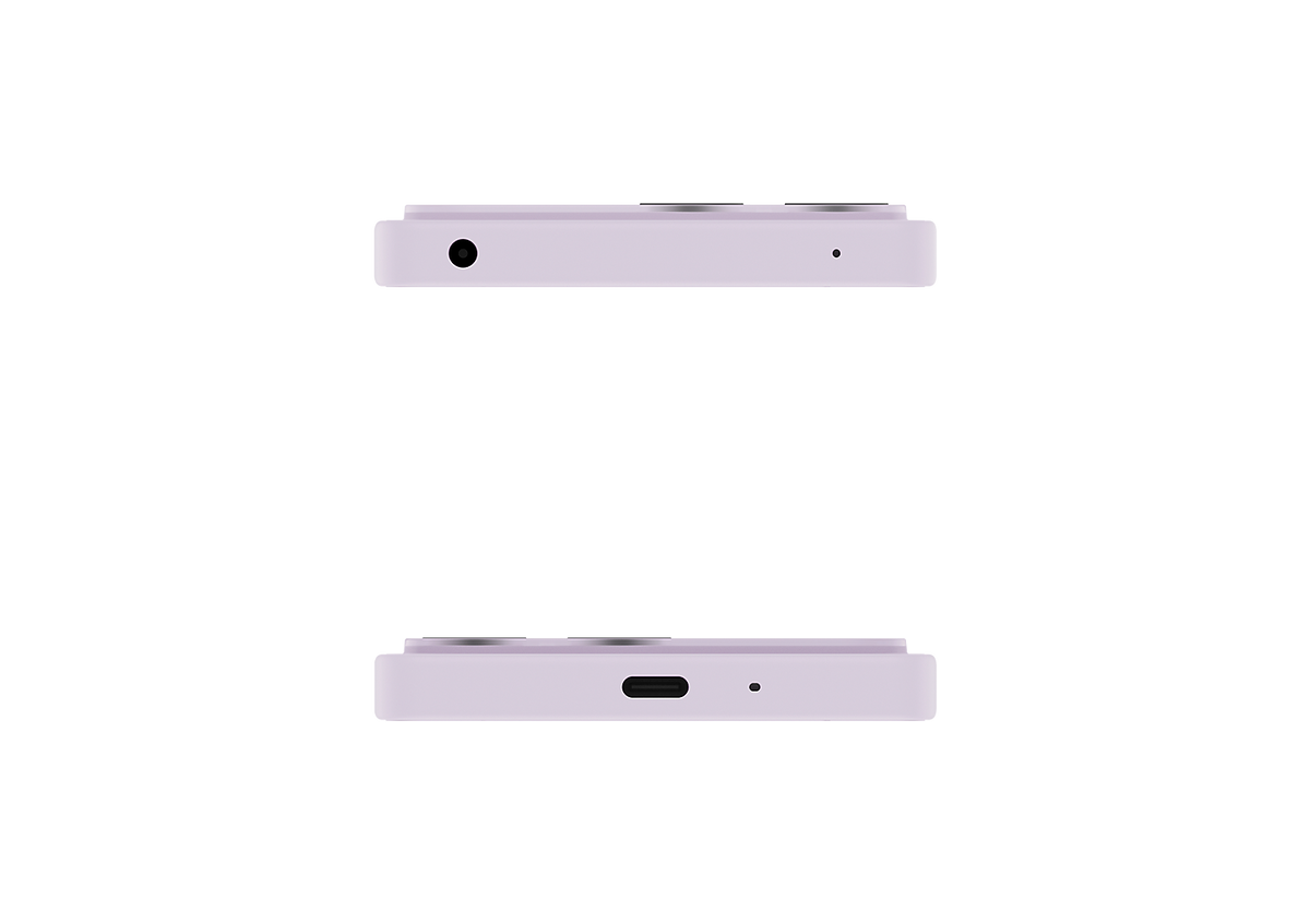Sony Misty Lilac Xperia 10 VIII smartphone showing top and bottom views with 3.5mm headphone jack, USB-C port, and microphone hole