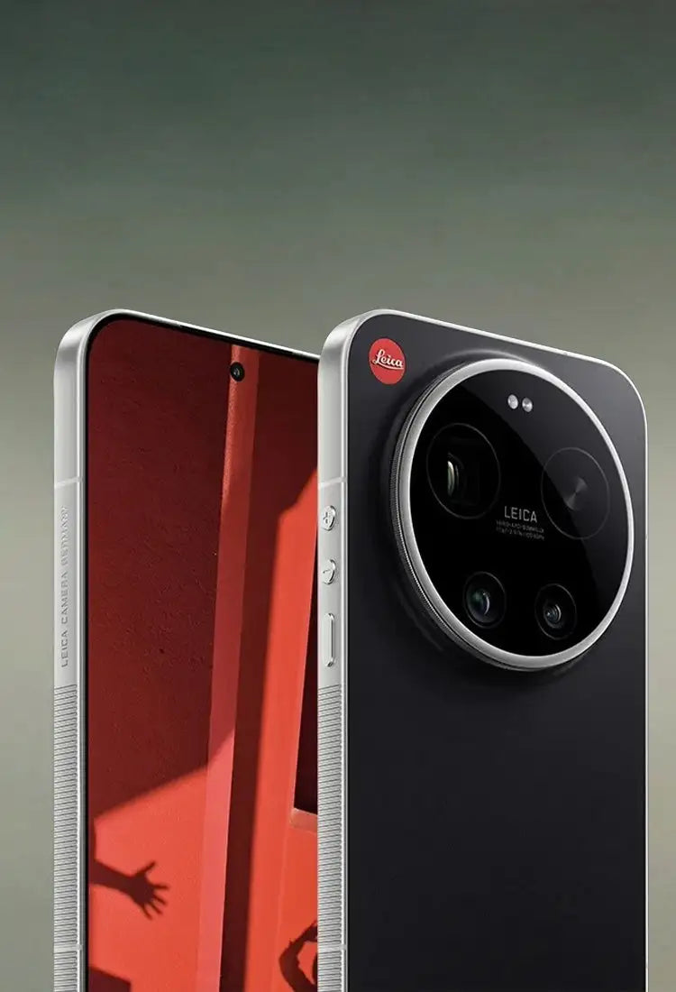 Black smartphone with a circular camera module featuring leica branding and multiple lenses, framed by silver accents.