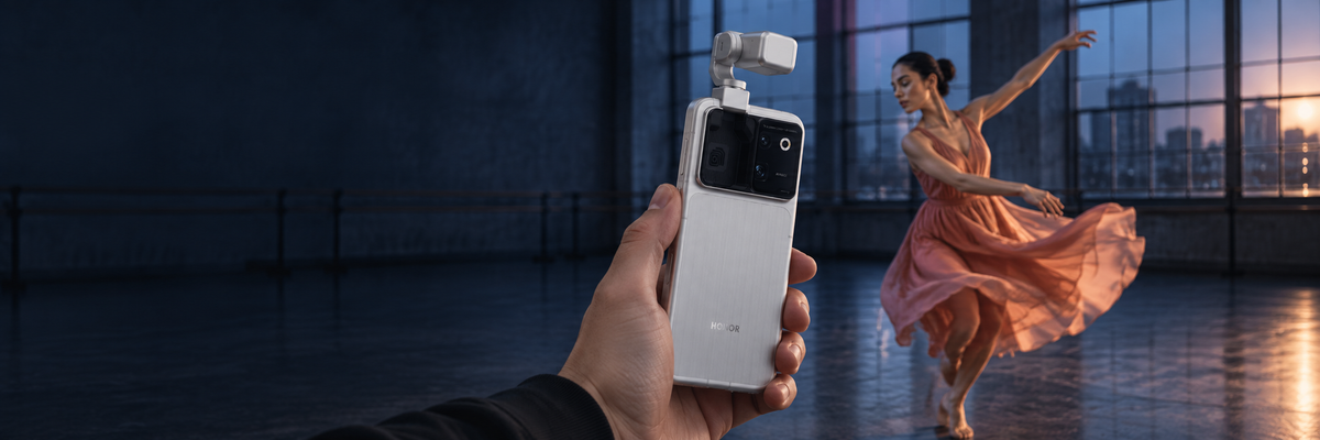 Silver HONOR Robot Phone held upright with its raised gimbal aimed toward a dancer in a blue-hour rehearsal studio.