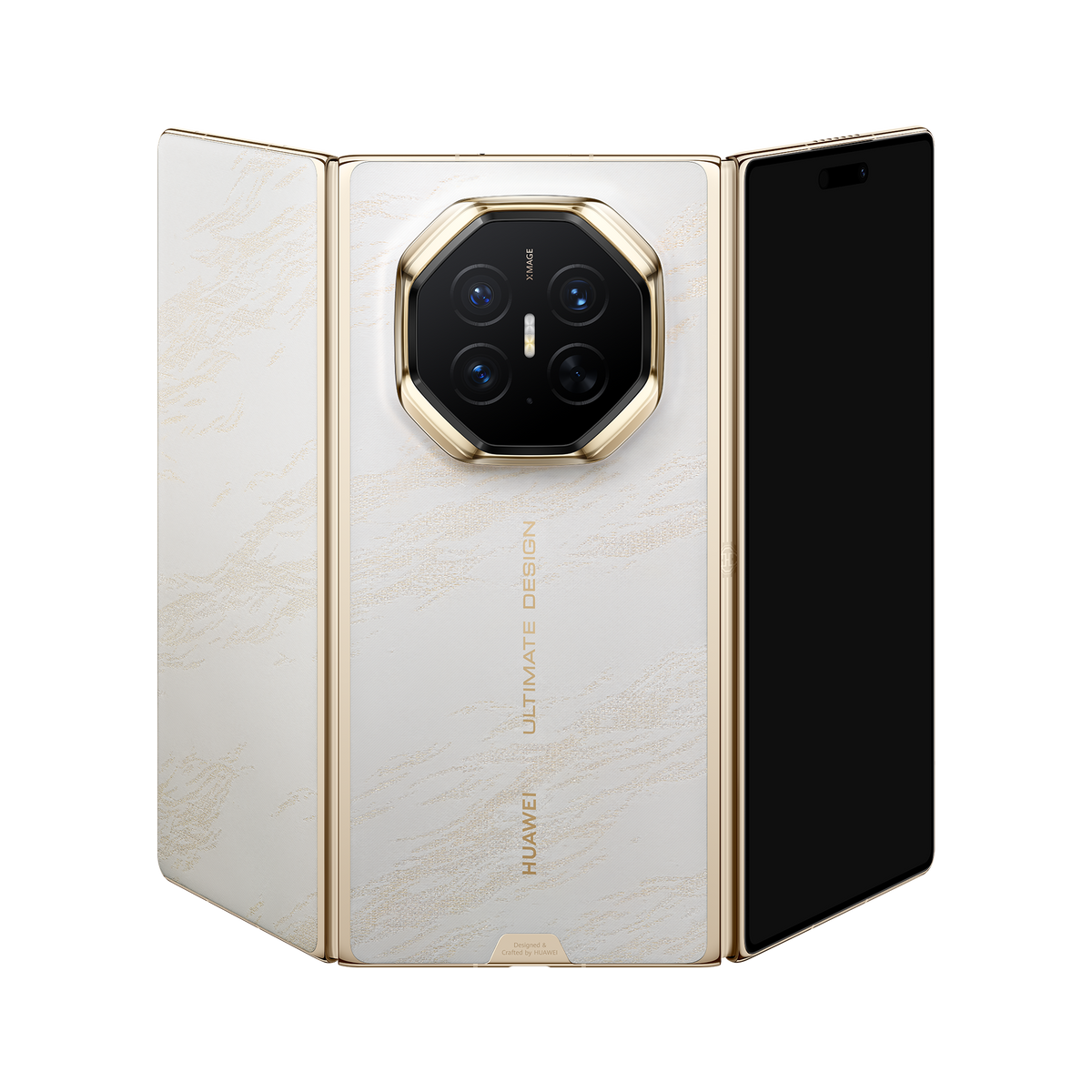 HUAWEI Mate XT 2 ULTIMATE DESIGN in Bright White — unfolded three-quarter rear view