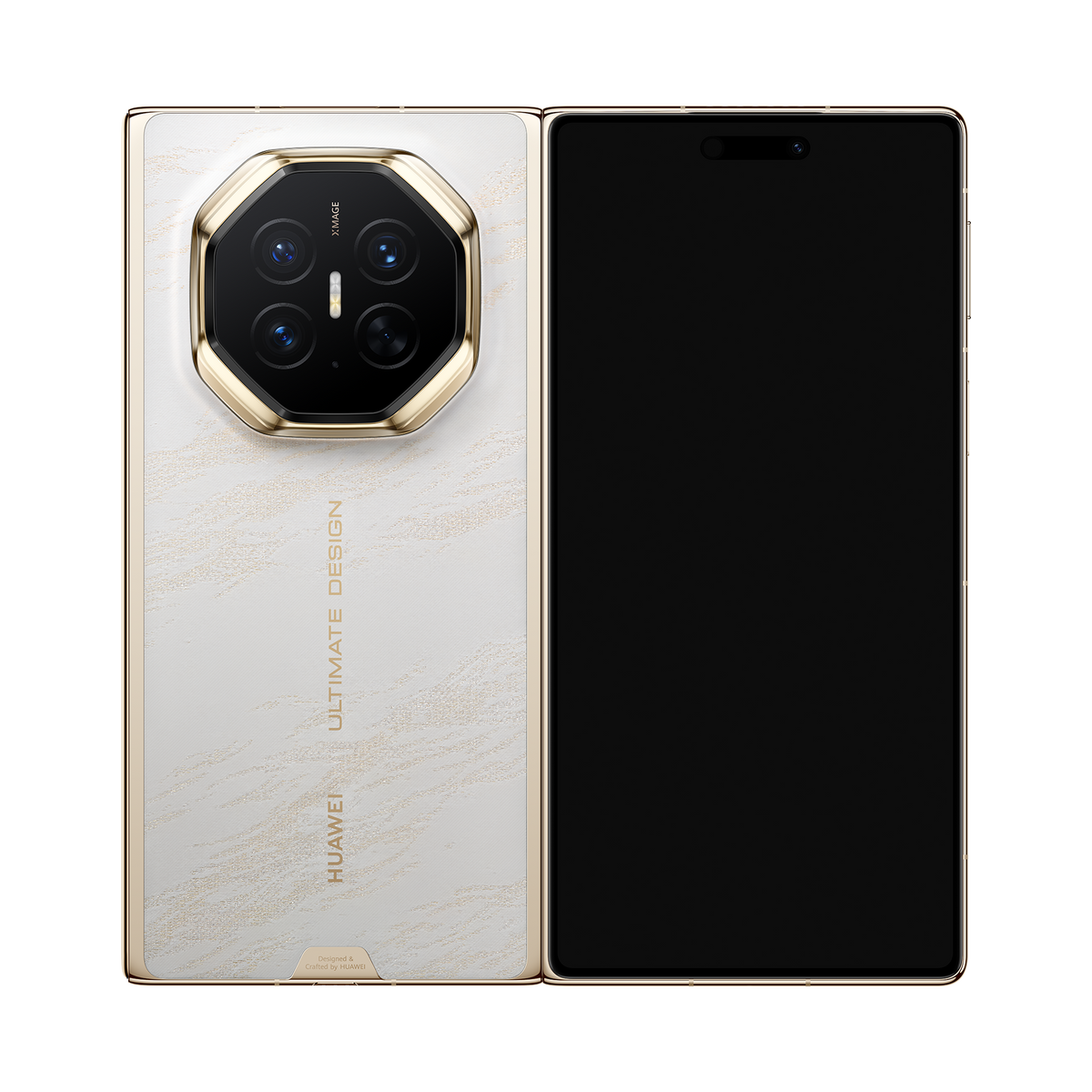 HUAWEI Mate XT 2 ULTIMATE DESIGN in Bright White — folded front and rear