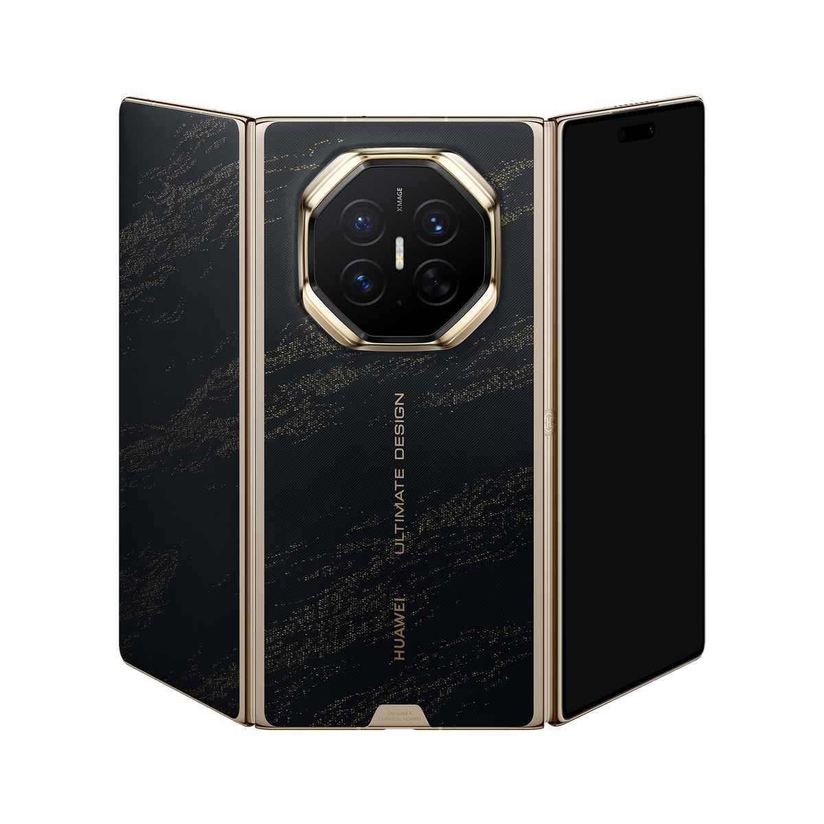 HUAWEI Mate XT 2 ULTIMATE DESIGN in Deep Black — unfolded three-quarter rear view