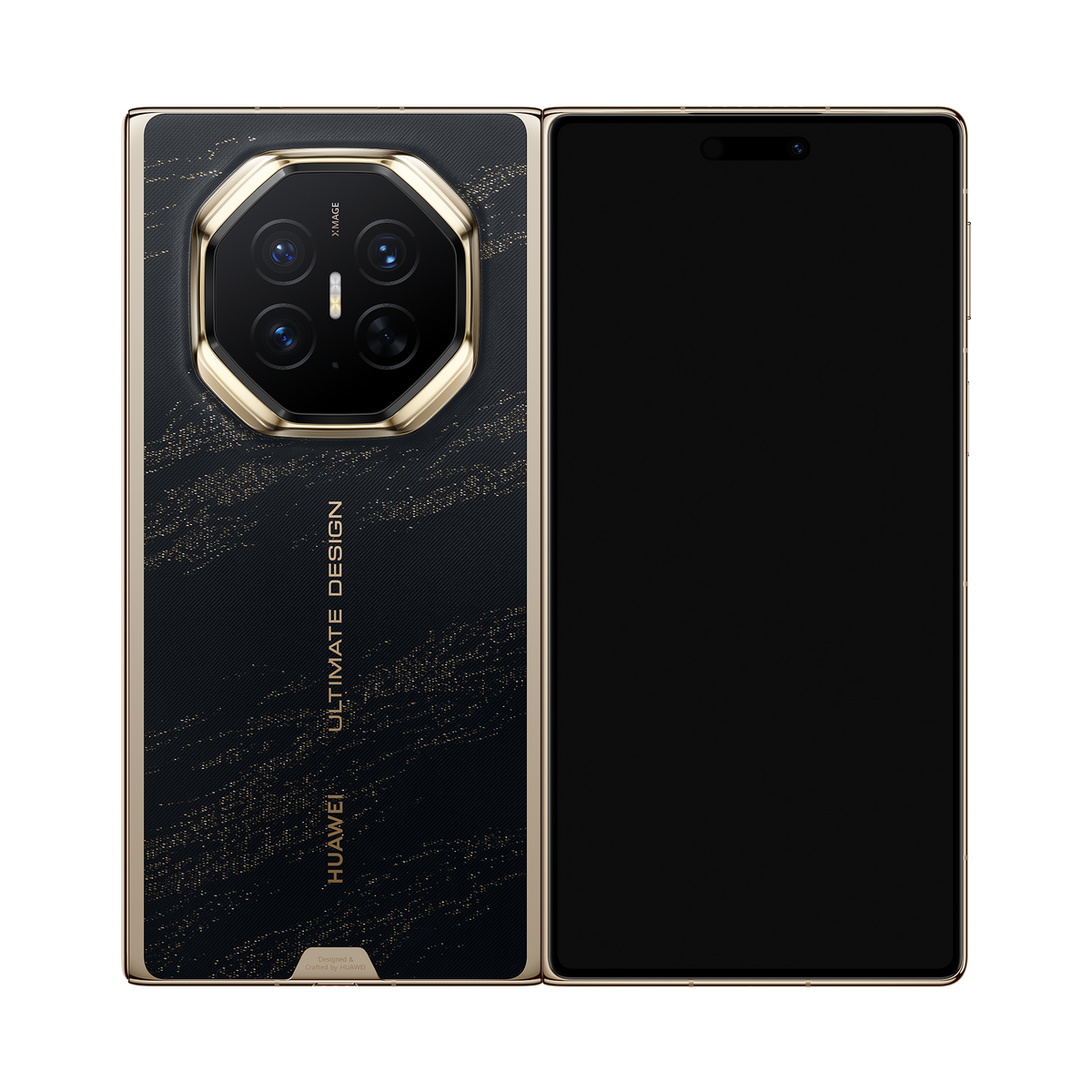HUAWEI Mate XT 2 ULTIMATE DESIGN in Deep Black — folded front and rear