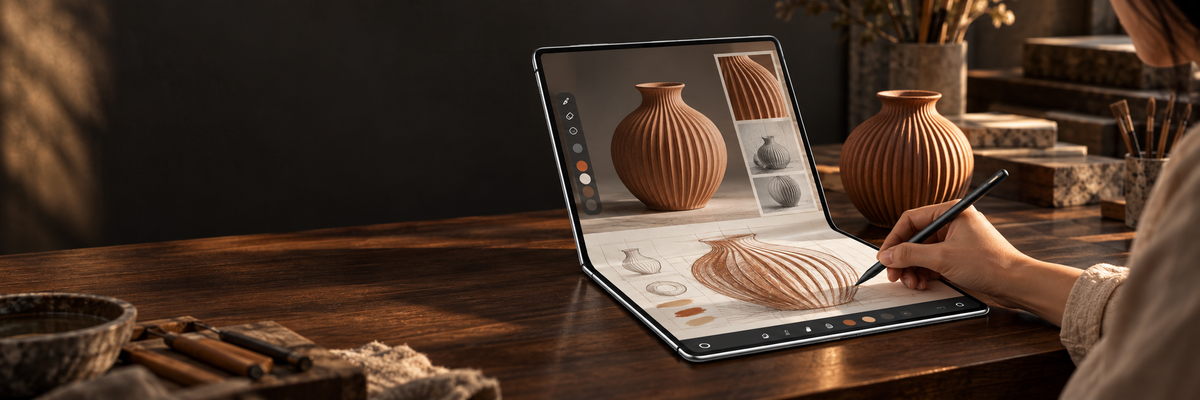 Phantom Black HUAWEI MateBook Fold with an M-Pen 3 drawing a ribbed clay vessel on the lower screen, beside the matching real vessel.