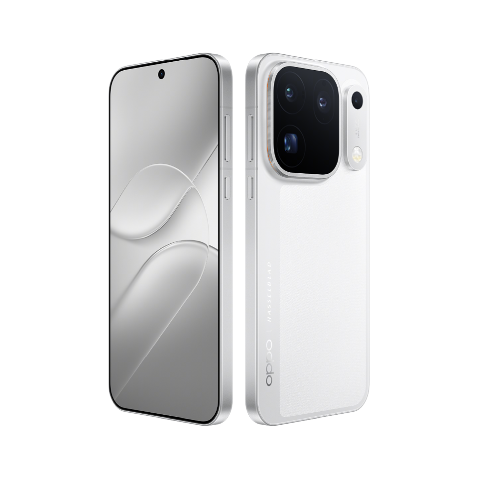 OPPO Find X10 Pro Max Luna White - angled front and rear view