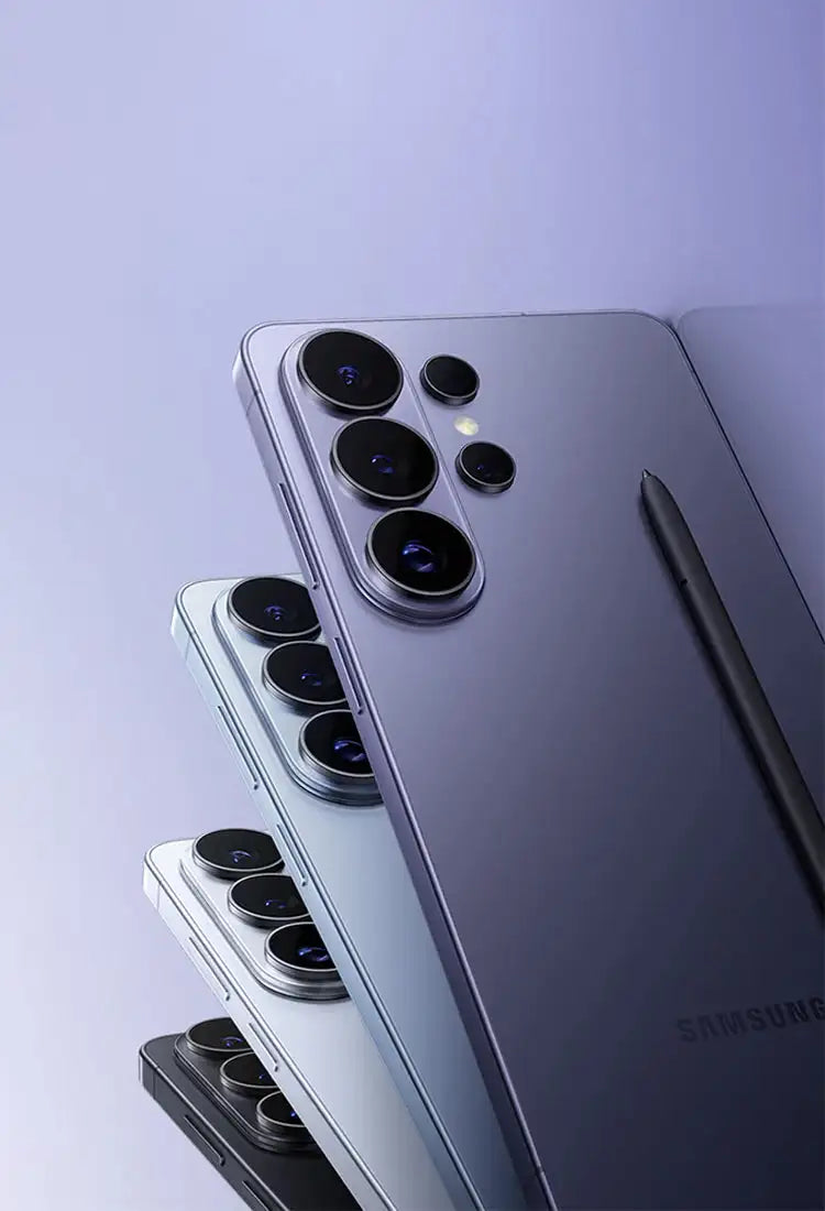 Stacked samsung galaxy s24 ultra smartphones in sleek silver and dark gray finishes, each featuring a prominent circular camera module with multiple lenses.