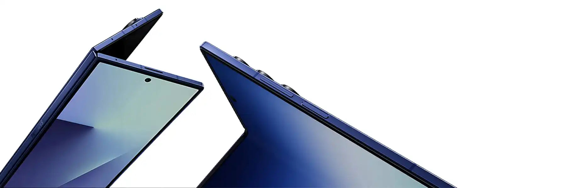 Two open, dark blue foldable smartphones with screens displaying light blue and green hues.