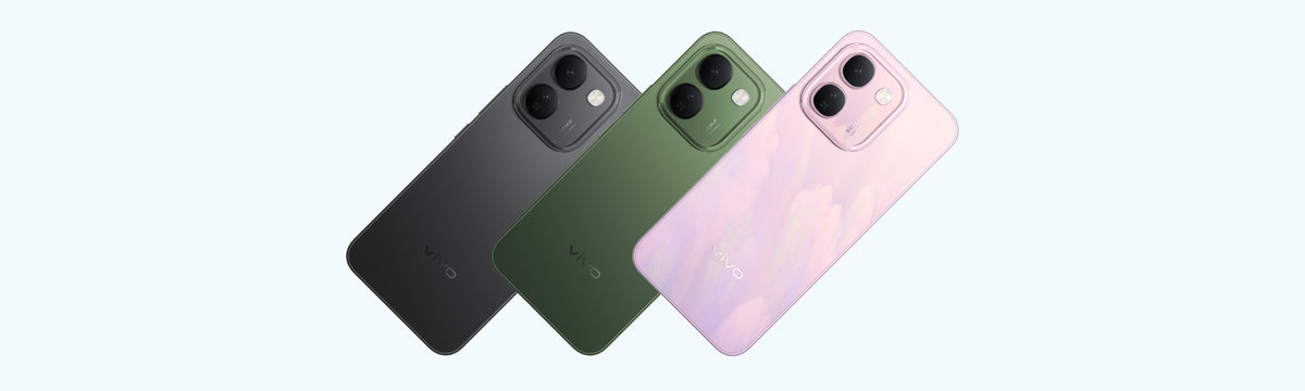 vivo V80 Lite 5G, Pink, Green and Black, all-color angled rear composition