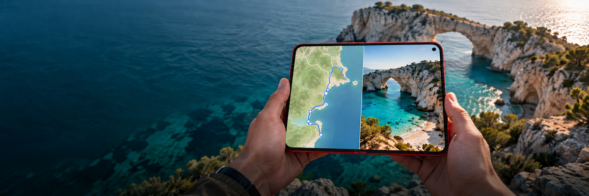 Red Xiaomi 18 Fold opened to a wide split-screen map and coastal photograph, held above the matching sunlit cove.