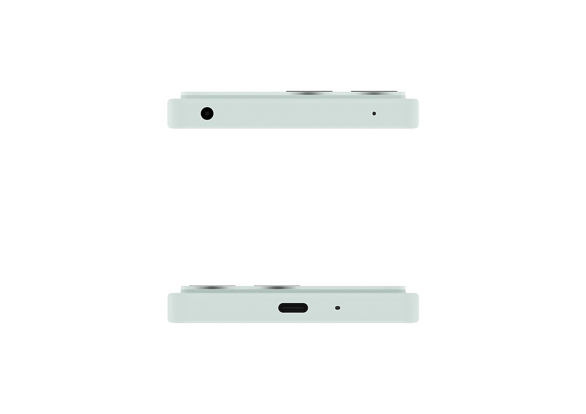 Sony Frozen White Xperia 10 VIII smartphone showing top and bottom views with 3.5mm headphone jack, USB-C port and microphone hole