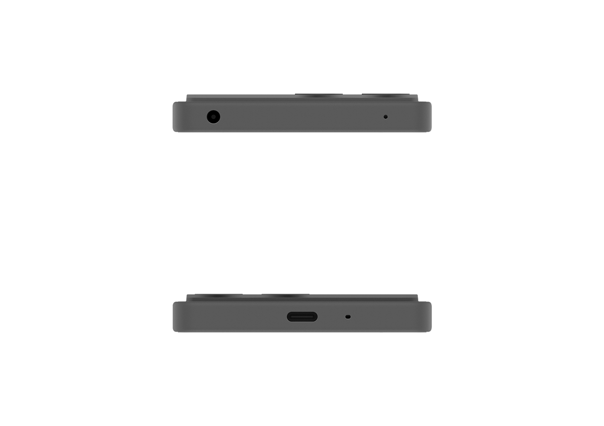 Sony Frosted Gray Xperia 10 VIII smartphone showing top and bottom views with 3.5mm headphone jack, USB-C port, and microphone hole