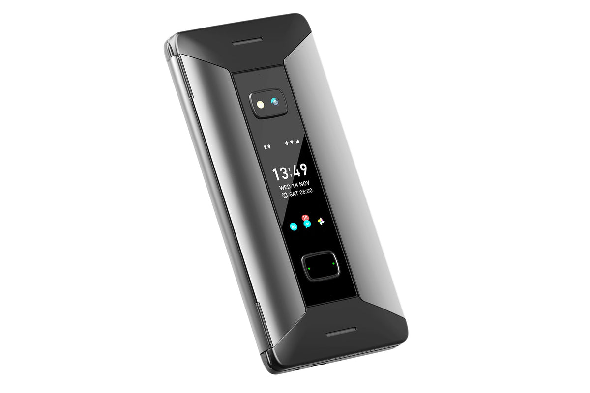 Planet Computers Cosmo Communicator closed, angled view with cover touchscreen