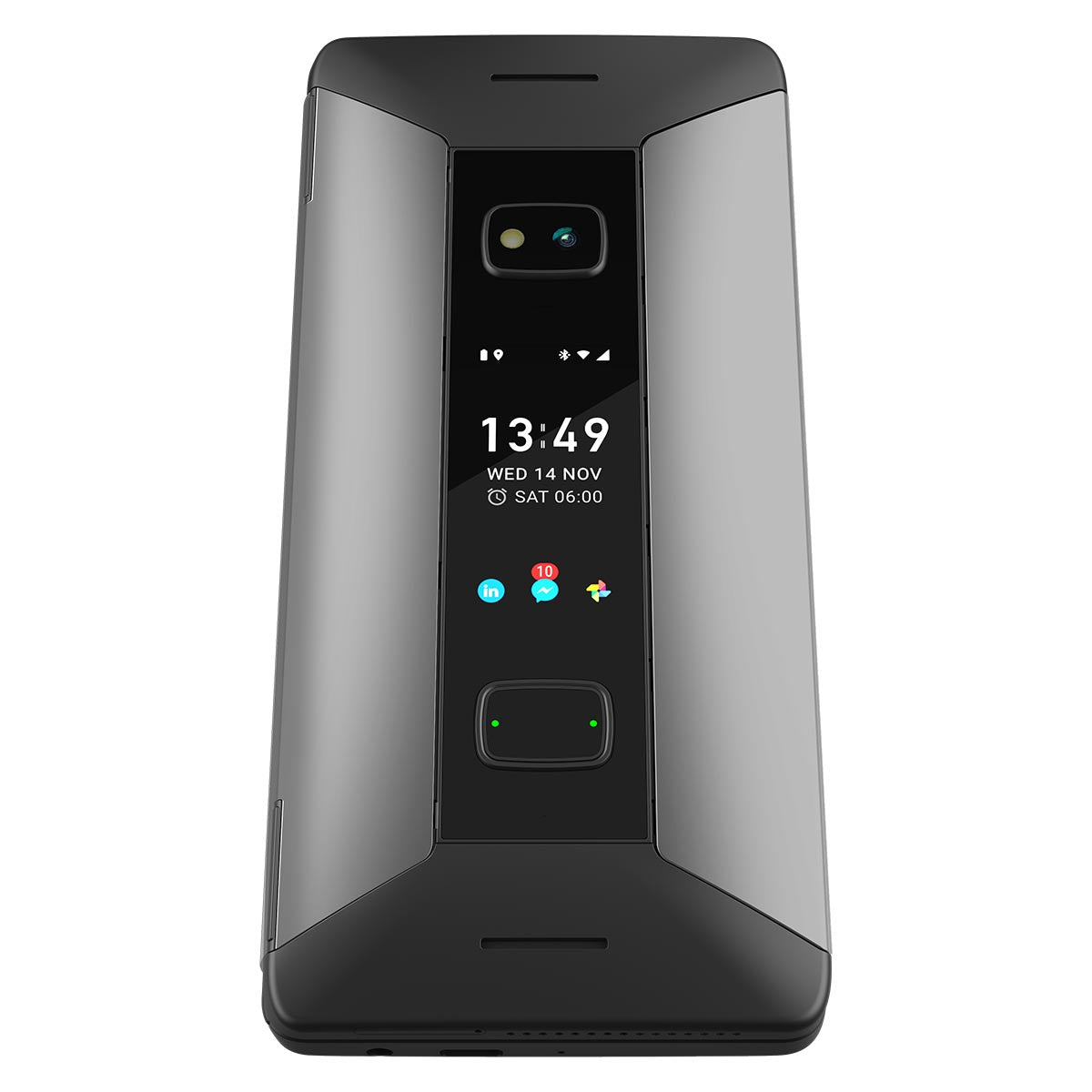 Cosmo Communicator closed, portrait view of cover touchscreen and camera