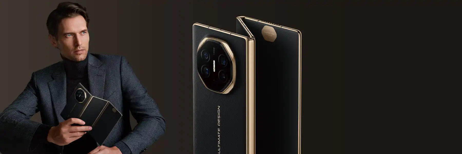 Foldable black and gold smartphone.