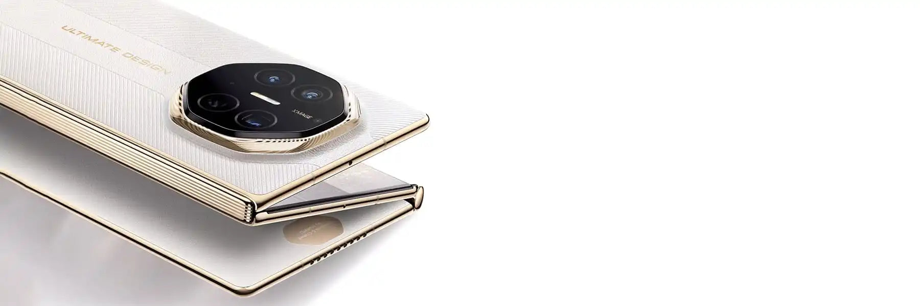 Foldable smartphone with a prominent, circular camera module.