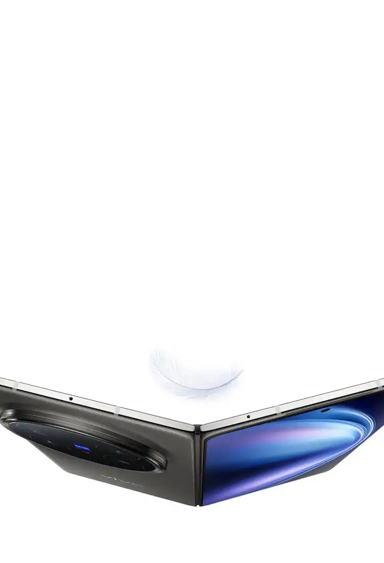 A foldable smartphone or tablet with a visible screen displaying a blue and purple abstract image.