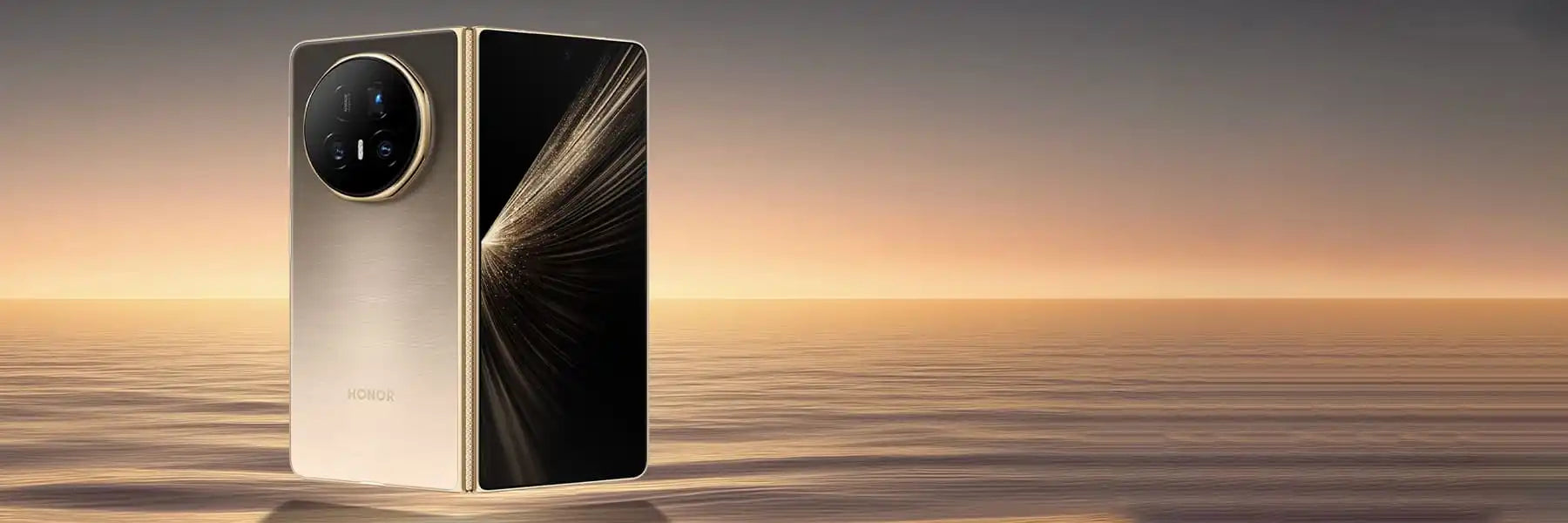 Gold foldable smartphone with a large circular camera module.