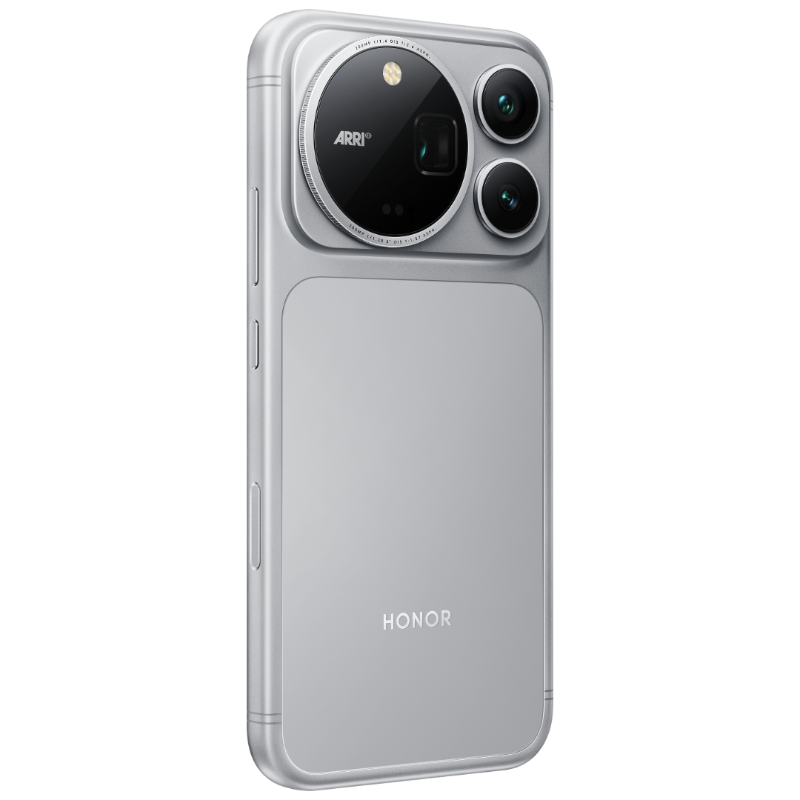 HONOR Magic9 Pro Max Glacier Silver angled rear view from one side