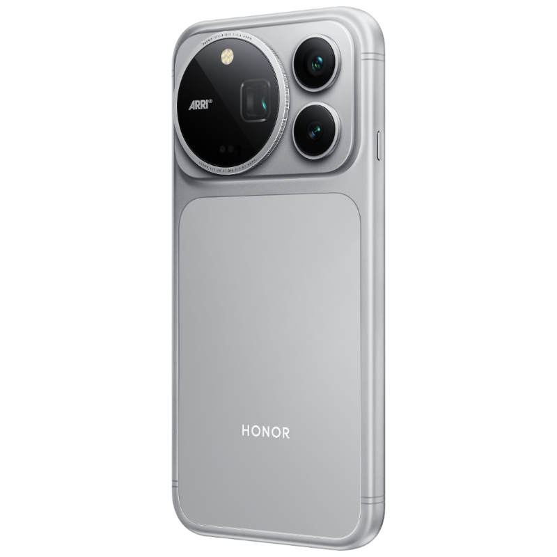 HONOR Magic9 Pro Max Glacier Silver angled rear view from the opposite side