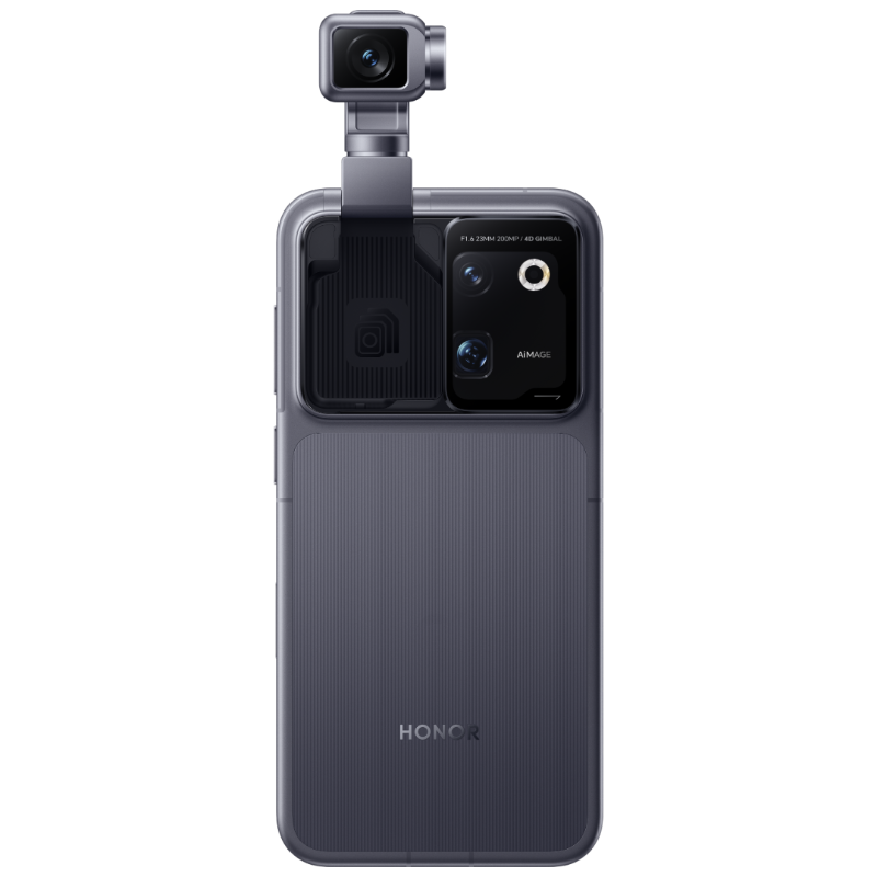 HONOR Robot Phone in Moon Shadow Gray, rear view with gimbal extended