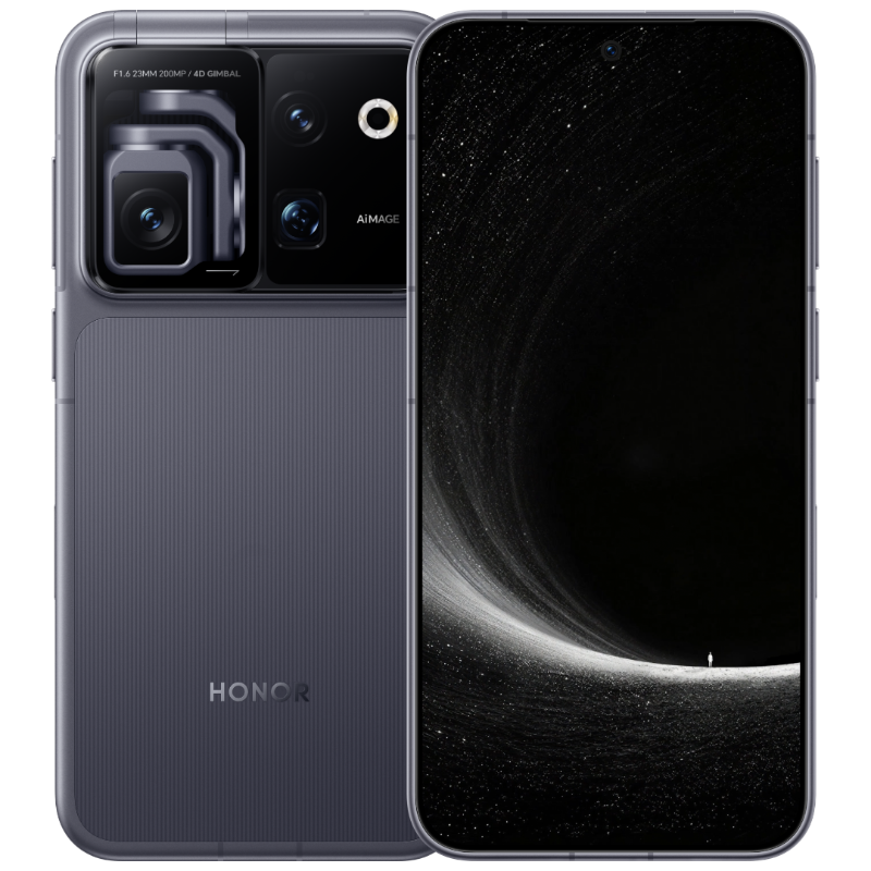 HONOR Robot Phone in Moon Shadow Gray, front and rear view