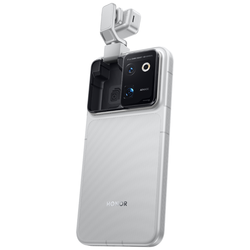 HONOR Robot Phone in Star Trail Silver, rear angled view with gimbal extended