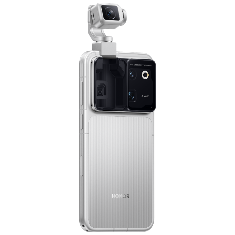 HONOR Robot Phone in Star Trail Silver, side and rear view with gimbal extended