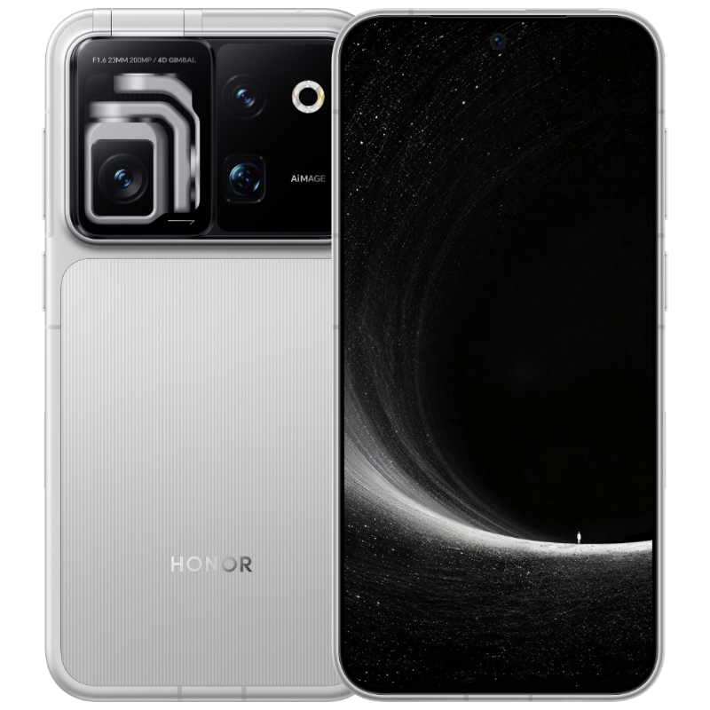 HONOR Robot Phone in Star Trail Silver, front and rear view