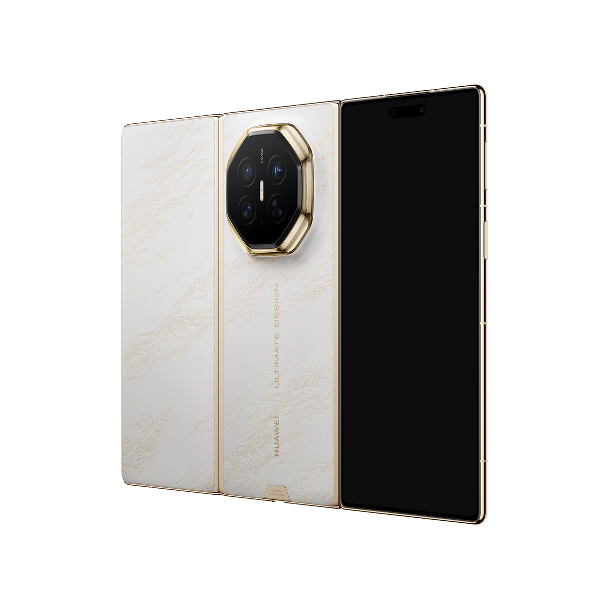 HUAWEI Mate XT 2 ULTIMATE DESIGN in Bright White — unfolded angled rear view