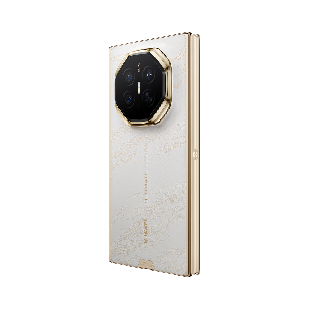 HUAWEI Mate XT 2 ULTIMATE DESIGN in Bright White — folded angled rear right