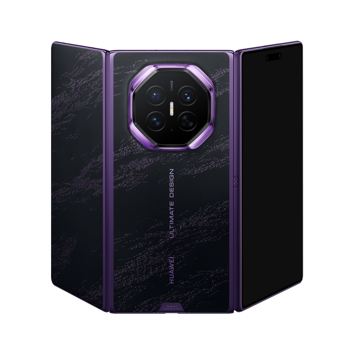 HUAWEI Mate XT 2 ULTIMATE DESIGN in Brocade Purple — unfolded three-quarter rear view
