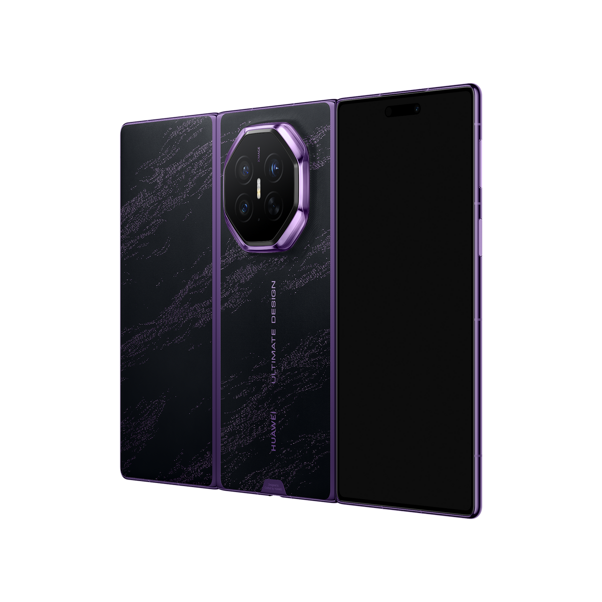 HUAWEI Mate XT 2 ULTIMATE DESIGN in Brocade Purple — unfolded angled rear view