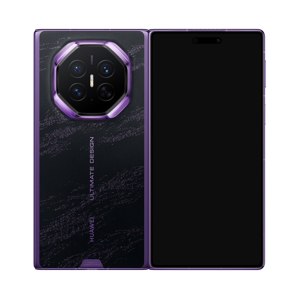 HUAWEI Mate XT 2 ULTIMATE DESIGN in Brocade Purple — folded front and rear