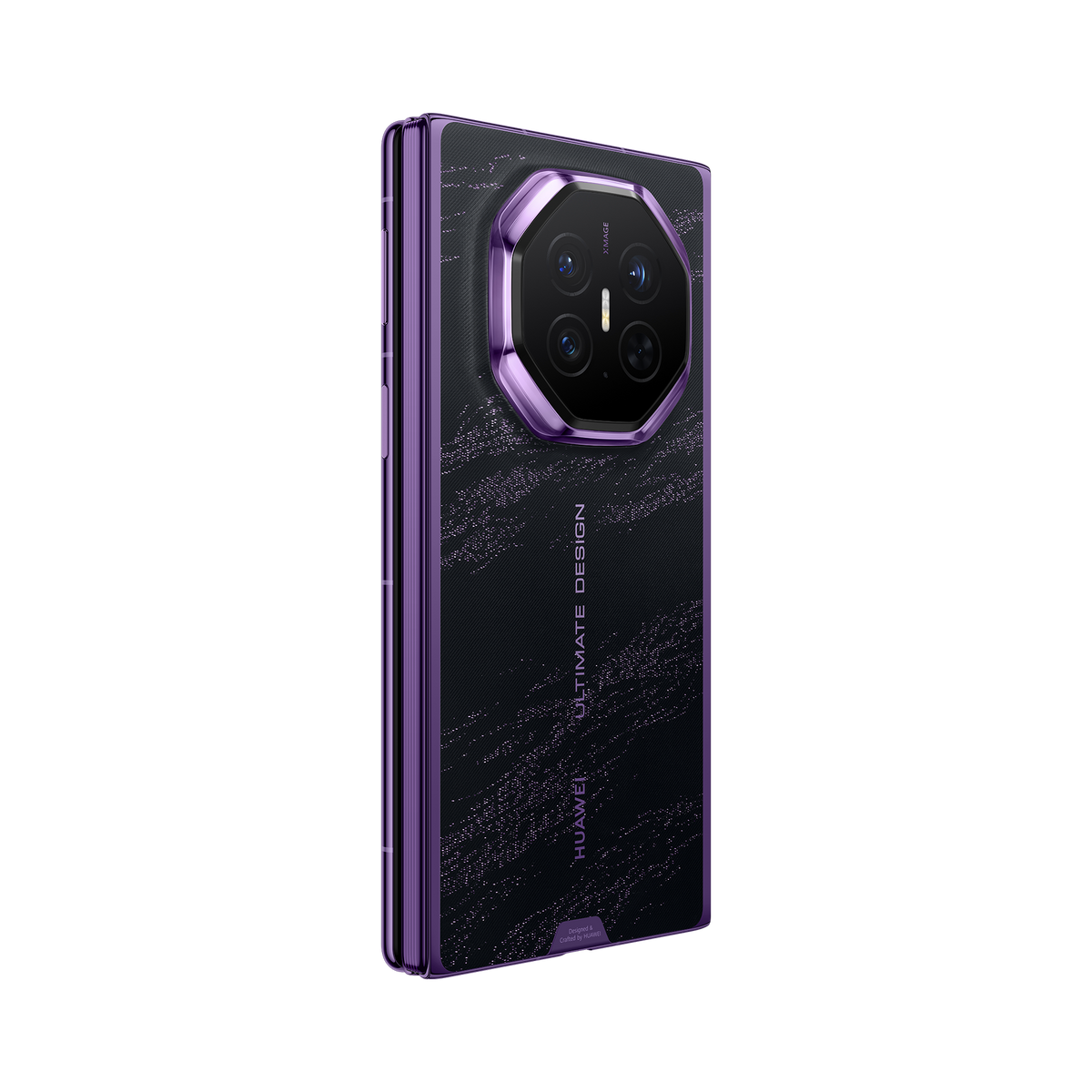 HUAWEI Mate XT 2 ULTIMATE DESIGN in Brocade Purple — folded angled rear left