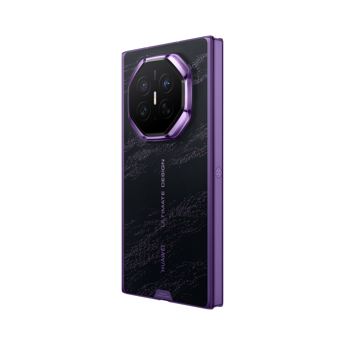 HUAWEI Mate XT 2 ULTIMATE DESIGN in Brocade Purple — folded angled rear right