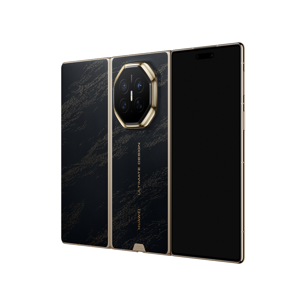 HUAWEI Mate XT 2 ULTIMATE DESIGN in Deep Black — unfolded angled rear view
