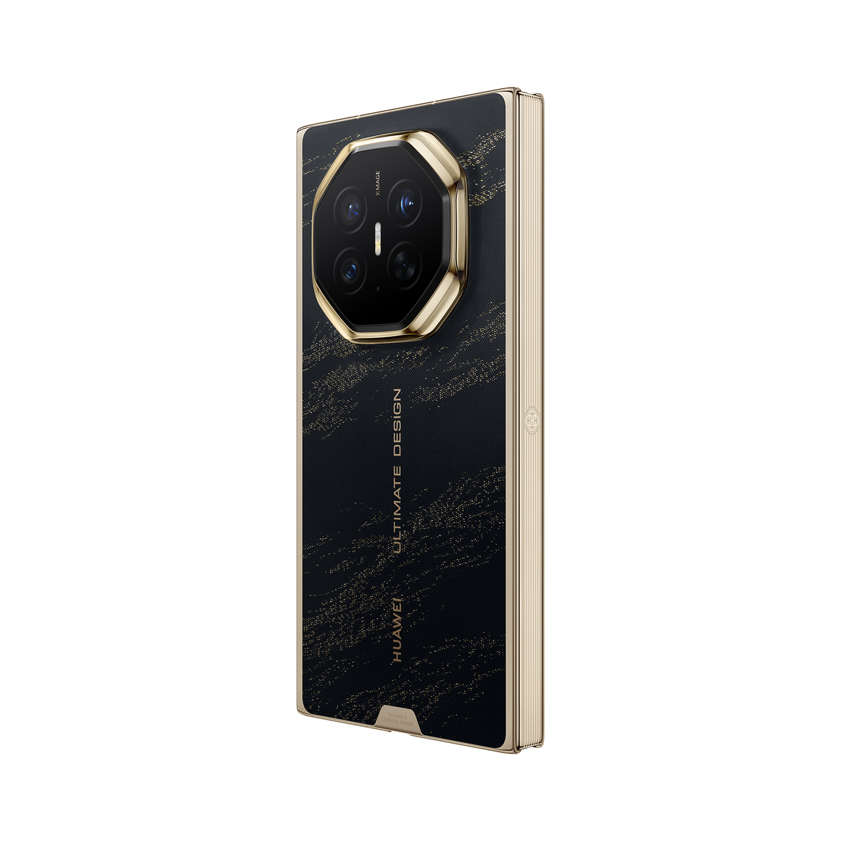 HUAWEI Mate XT 2 ULTIMATE DESIGN in Deep Black — folded angled rear right