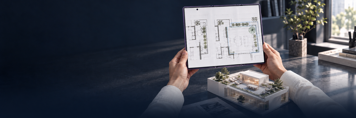 HUAWEI Mate XT 2 in Brocade Purple, unfolded in two hands beside an architectural model