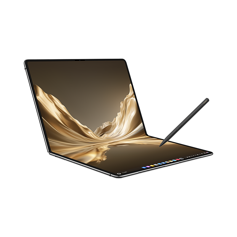 HUAWEI MateBook Fold Kirin X90 Plus Phantom Black, angled folded display with stylus
