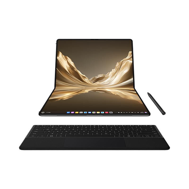 HUAWEI MateBook Fold Kirin X90 Plus Phantom Black, front view with keyboard and stylus