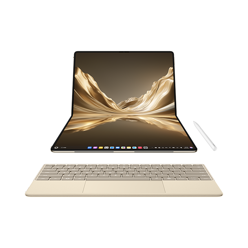 HUAWEI MateBook Fold Kirin X90 Plus Shimmer Gold, front view with keyboard and stylus