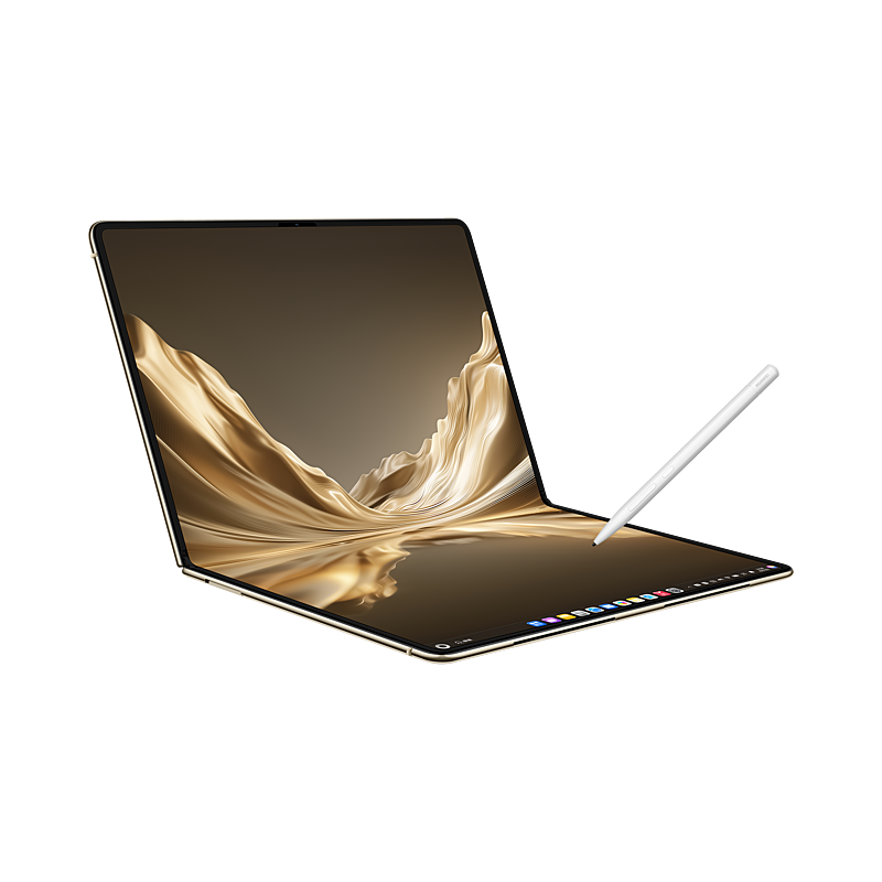 HUAWEI MateBook Fold Kirin X90 Plus Shimmer Gold, angled folded display with stylus