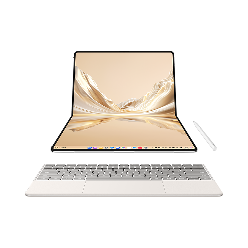 HUAWEI MateBook Fold Kirin X90 Plus Sky White, front view with keyboard and stylus