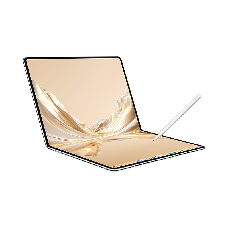 HUAWEI MateBook Fold Kirin X90 Plus Sky White, angled folded display with stylus