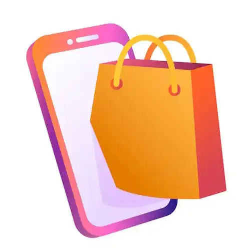 Orange shopping bag emerging from a pink/purple smartphone screen.