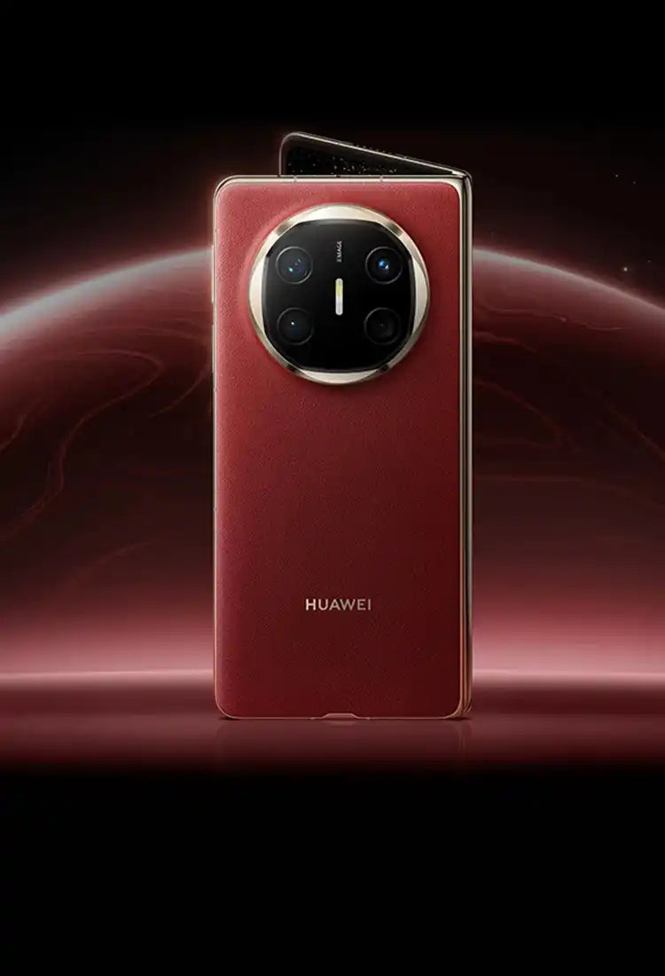 Red Huawei smartphone with circular camera array.