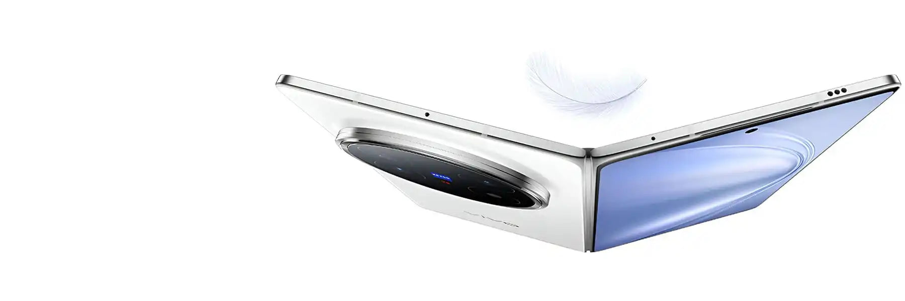 A silver foldable smartphone with a black camera module and a blue-toned screen.