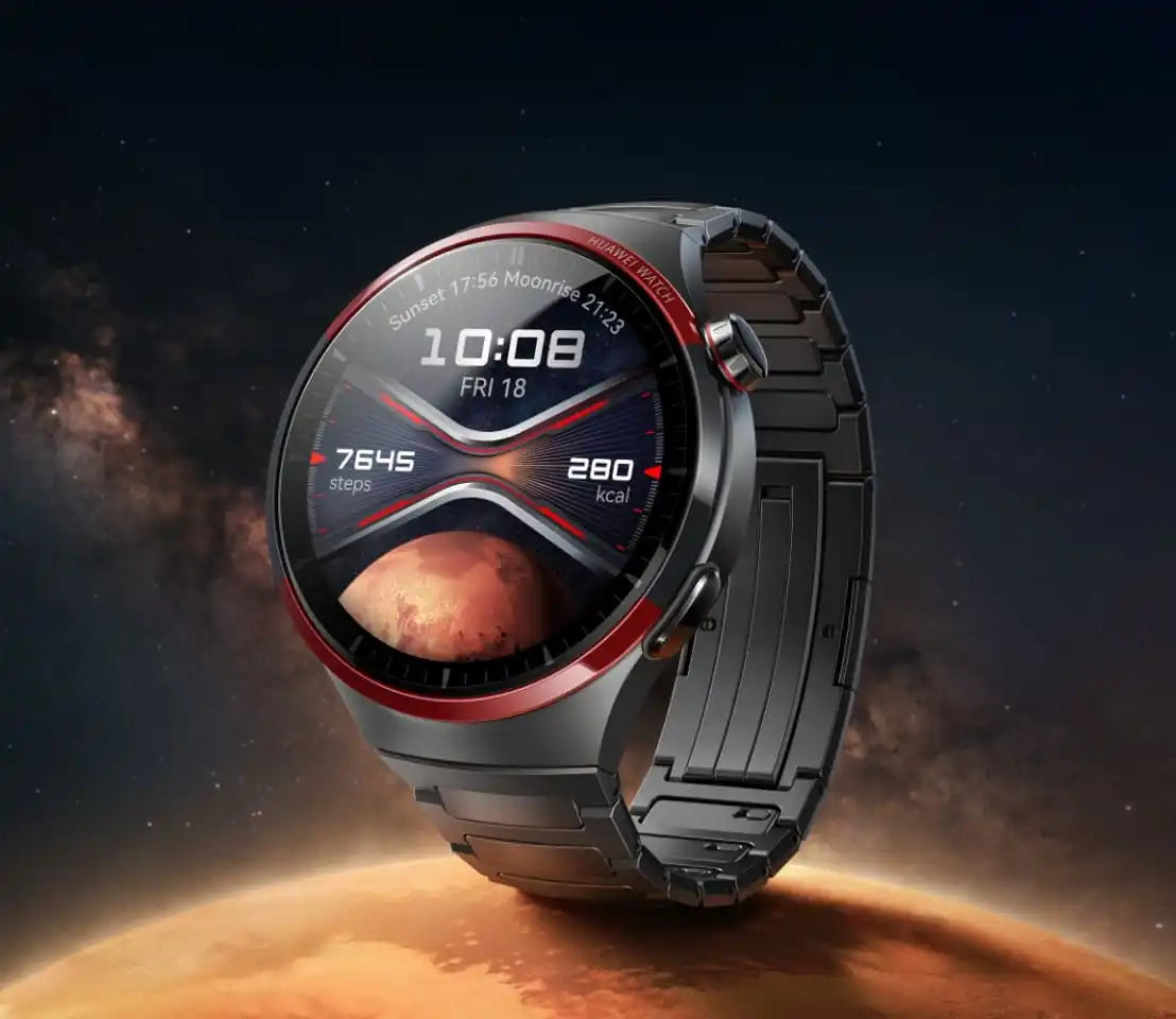 Sleek smartwatch with a round display featuring a red accent ring and metallic band.