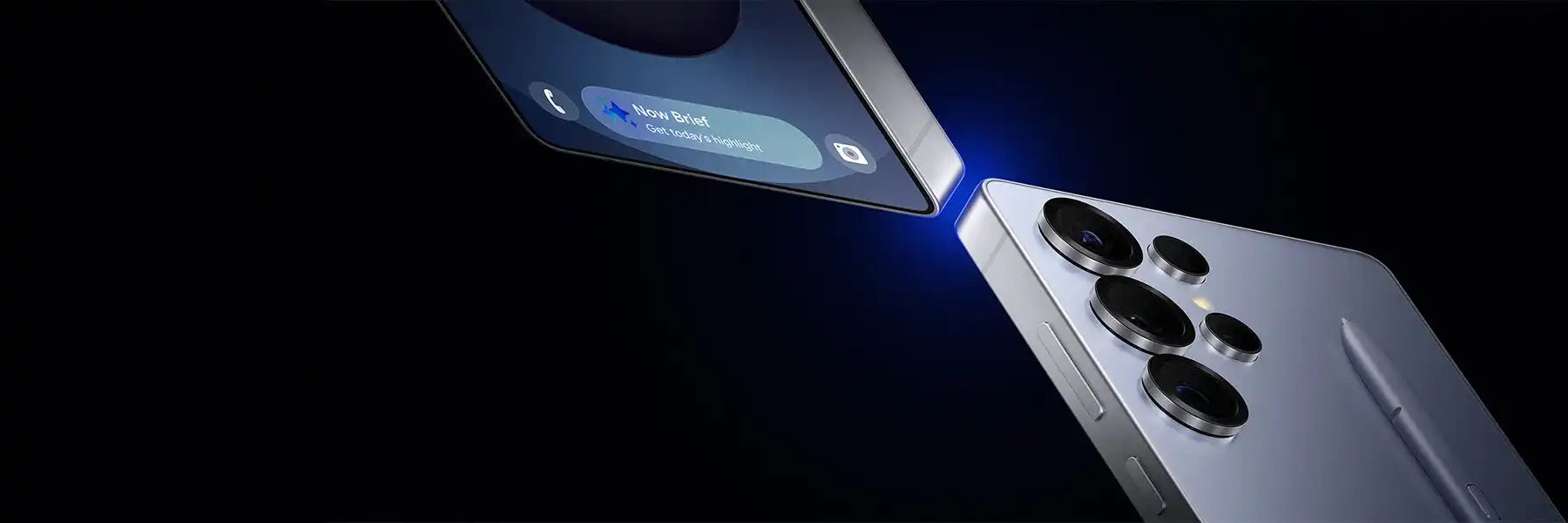 Sleek white smartphone with multiple camera lenses being illuminated by blue light.